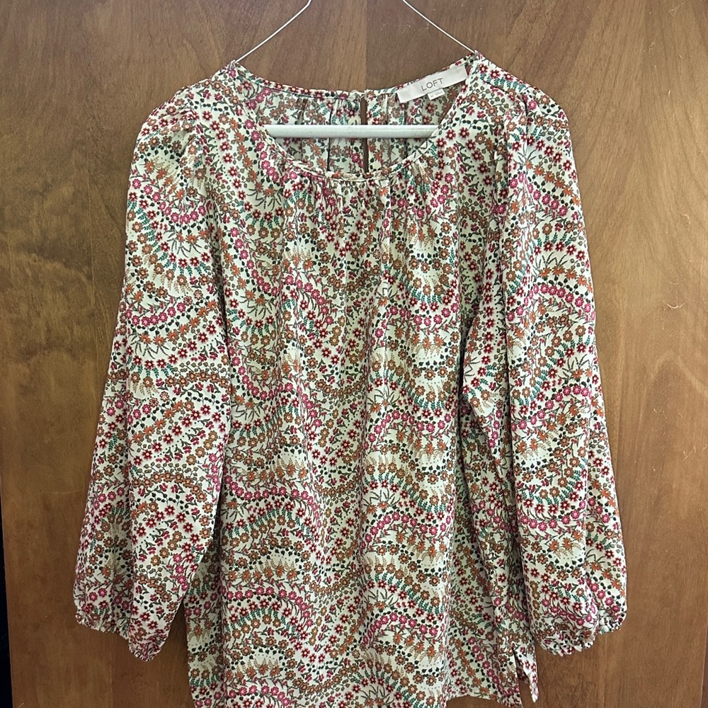 LOFT Cream Blouse with Pink & Brown Paisley Floral Print